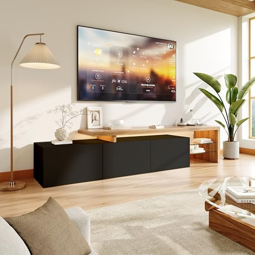 TIMORWTF Mobile TV LED nero 200 cm, mobile TV moderno illuminazione LED RGB, mobile TV con 3 ante portaoggetti e ripiani aperti in vetro, per soggiorno o camera da letto (nero 200 x 39 x 42 cm)