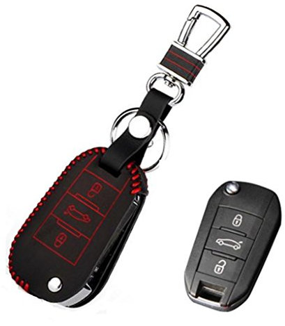 Happyit Cas de Couverture de Clé de Voiture en Cuir Porte-clés pour Peugeot 207 208 301 307 308 407 408 508 3008 3 BoutonsTélécommande (Noir Cuir Fil Rouge)