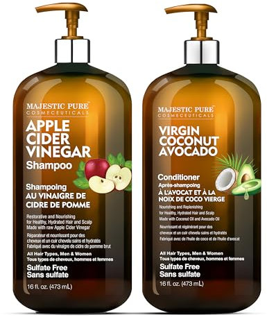 MAJESTIC PURE Apple Cider Vinegar Shampoo and Avocado Coconut Conditioner Set - Restores Shine & Reduces Itchy Scalp, Dandruff & Frizz - Sulfate Free, for All Hair Types, Men and Women - 2 x 16 fl oz