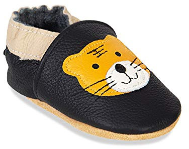 HMIYA Weiche Leder Krabbelschuhe Babyschuhe Lauflernschuhe mit Wildledersohlen für Jungen und Mädchen（12-18 Monate，Schwarz Tiger）