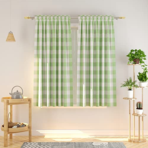 Buffalo Vorhänge mit Karomuster, 137,2 cm Länge, Baumwolle, Keller, Grün und Weiß, Gingham-Karo, Gardinen für Küche, Fenster, Wohnzimmer, Karo, Schlafzimmer, Stange, Tasche, 2 Paneele
