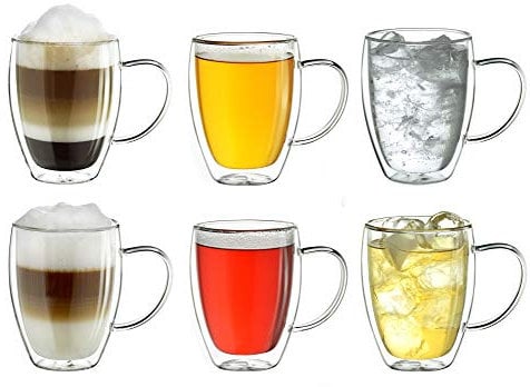 Creano doppelwandiges Thermoglas mit Henkel 250ml, großes Doppelwandglas aus Borosilikatglas, Kaffeegläser, Teegläser, 6er Set