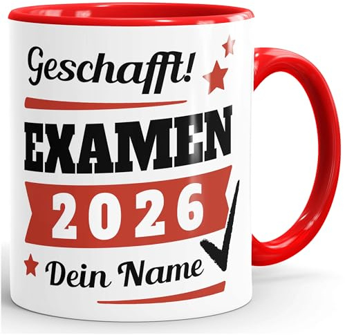SpecialMe® Tasse Examen Jahr 2026 anpassbar Geschenk Uni-Abschluss bestandene Prüfung Studium Universität mit Name personalisiert Rot Keramik-Tasse
