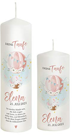 Liamoria® Taufkerze Elefant im Heißluftballon für Mädchen 25 cm Modell Elena - Hochwertig bedruckte Kerze zur Taufe (mit 1 Patenkerze)