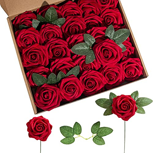 Lansdowns Artificial Flower Foam Rose 25pcs Real Looking Fake Rose with Stems Leaves for Home Decoration Party Garden Centerpieces DIY Wedding Bouquets(Dark Red)