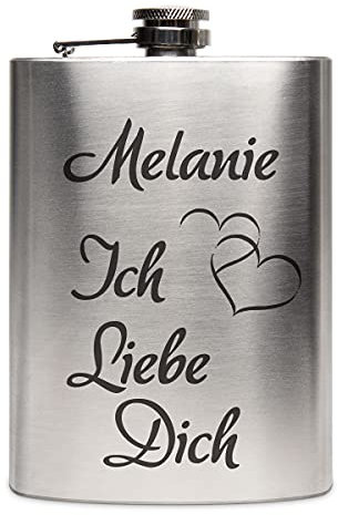 Edelstahl Flachmann 237 ml silber inkl. individuelle Gravur in Schwarz von Paule Black - personalisiertes Geschenk für Geburtstag, Weihnachten, Vatertag, Trauzeugen - Ich Liebe Dich