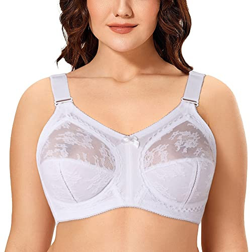 Ayigedu Women's Full Coverage Non Wired Non-Padded Minimizer Lace Plus Size Support Bra 36-DD White