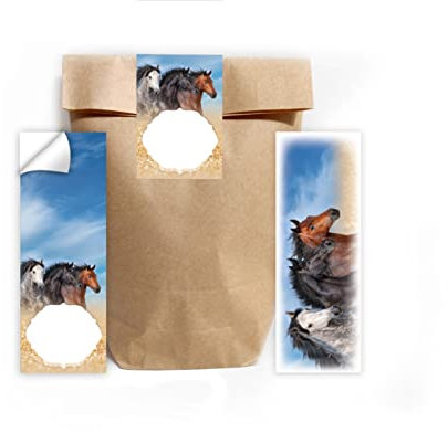 Junapack 12 Lesezeichen + 12 Geschenktüten (Natur) + 12 Aufkleber DREI Pferde Mitgebsel Gastgeschenk beim Kindergeburtstag Mädchen