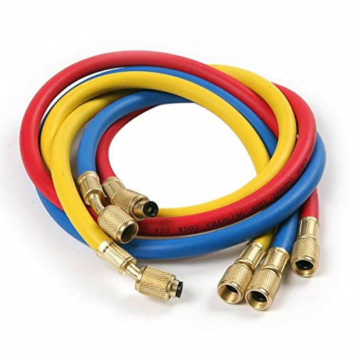 3 TUBI FRUSTA R600a R290 ROSSO GIALLO BLU PER GAS REFRIGERANTE 500 PSI 34 Bar 1/4-1/4 SAE F-F 900 mm (0,9mt.)