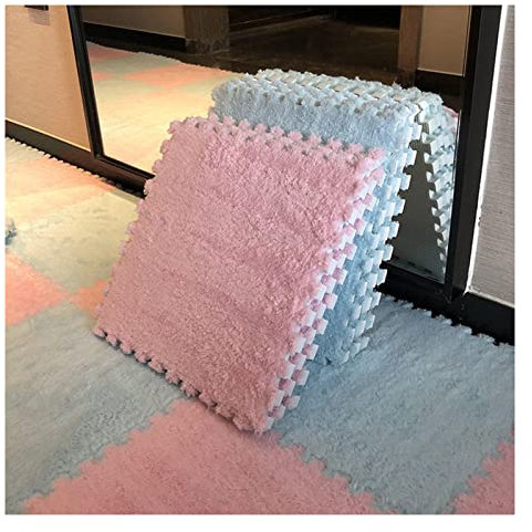 20Pcs 12X12inch Interlocking Foam Mats Plush Mat, Fluffy Carpet Tiles Plush Area Rug, Bedroom Floor Tiles, Soft Playmat Puzzle Floor Mat,Pink+Blue,THK 6mm