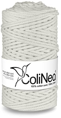 ColiNea Baumwollkordel mit Baumwollkern 3 mm 100m Baumwollgarn DIY Makramee Stricken Cotton Cord weiß ideal für Makramee Handwerk Baumwollseil für Basteln