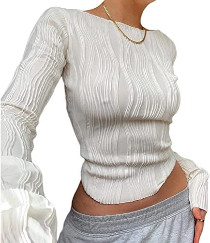 Frauen Sexy Slim Crop Shirt Langarm Crewneck Taillierte T-Shirts Top Knit Cropped T-Shirt Bluse Retro Streetwear (1204-Weiß, M)