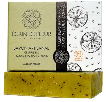 Écrin De Fleur - Handgemachte Bio-Peeling-Seife für Männer mit Hanfsamenpulver, ätherisches Öl der weißen Grapefruit, Naturkosmetik, vegan, 1x90g