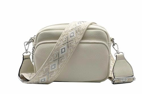 FASHION YOU WANT Crossbody Bag Damen Leder Breiter Gurt Handtasche Umhängetasche Moderne Taschen mit breitem Schultergurt,Abnehmbarer Schultergurt,Schwarz. (beige)