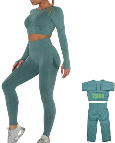 DONYKARRY Damen 2-teiliges Nahtloses Trainingsanzug Yoga Outfit Jogginganzug Set Freizeitanzug（2 Pcs-Grün,M）