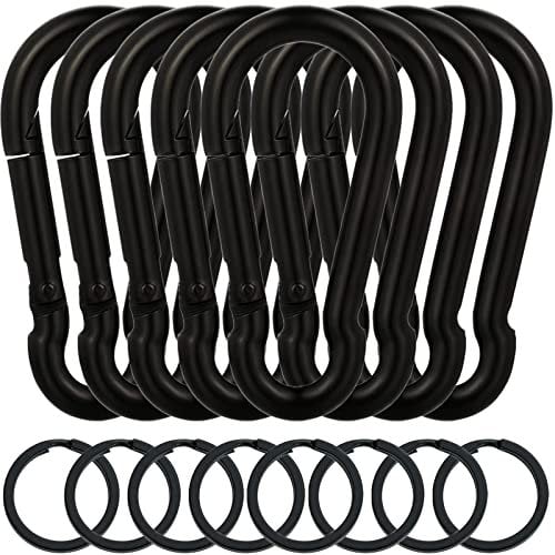 EGGMARCH 8 Pack Black Carabiner Clips with 8 Key Rings Heavy Duty Spring Snap Hook Zinc-Galvanized Steel Snap Clip Connector Link Hooks for Camping Fishing Hiking Swing Hammock Dog Leash (10 cm)