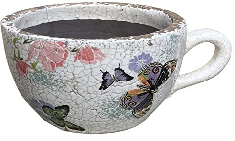 WABMJGW Teacup Planter Vintage Chic Plant Pot Creative Rough Pottery Glaze Applique Ice Cracked Succulent Flower Pot Tea Cup Flower Container for Home Garden,C-29x12.5cm
