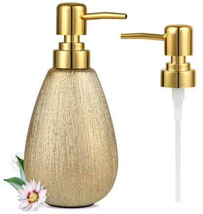 ABBI NIMO Brushed Gold Ceramic Soap Dispenser, 11 Oz Textured Hand or Dish Soap Dispenser with Golden Plastic Pump for Bathroom or Kitchen Countertop