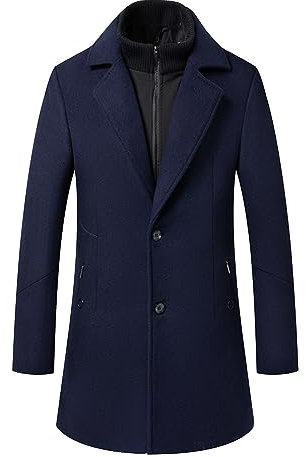 Sliktaa hommes manteau de laine épais trench-coat longueur moyenne manteau encoche col manteau chaud hommes manteaux d'hiver avec coupe-vent amovible col intérieur,Bleu,3XL