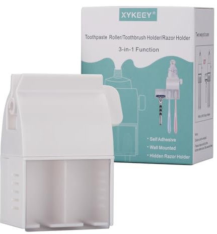 XYKEEY Toothbrush Holder Wall Mounted - 3-in-1Toothpaste Squeezer Tube Roller + Toothbrush Holder + Razor Holder, Bathroom Toothbrush Holder Set for Kids, Toothbrush and Toothpaste Holder (1)