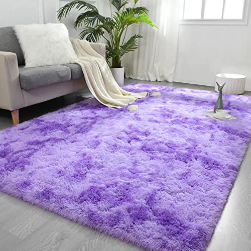 FlyDOIT Batik-Teppich für Wohnzimmer, zotteliger Teppich, flauschiger Überwurf, ultraweicher Plüsch, modern, flauschig, für Schlafzimmer, Mädchen, Kinderzimmer, Wohnheim, Heimdekoration, Lila