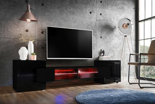 Komodee, Merano Bank TV Schrank, Schwarz, LED RGB, Breite 230 cm x Höhe 52,5 cm x Tiefe 35 cm, für Wohnzimmer, Schlafzimmer