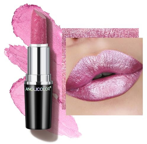 Anglicolor Glitzer Lippenstift Rosa Metallic Glänzend Glossy, Shimmer Lipstick Seidig Velvet Langanhaltend Feuchtigkeitsspendende, Vegan Lipgloss Damen Mädchen Make-up (#15 VELOCITY,4g)