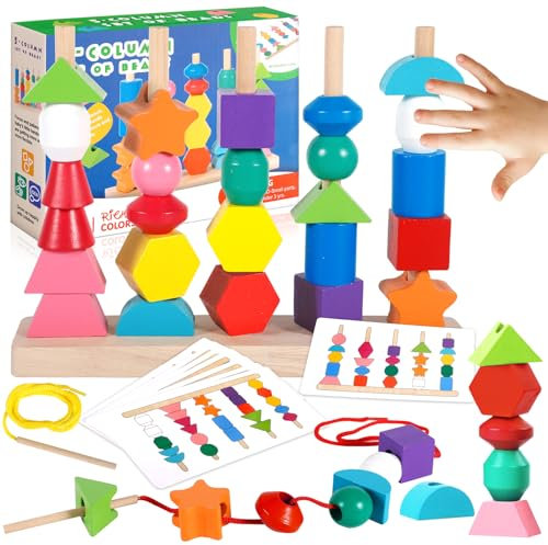 ZZQVIP Montessori Giochi Legno Bambini, 2-in-1 Bambino Forme Colori Geometriche Ordinamento Giocattolo, Impilabili Infilare Toys, Regalo per Ragazzi e Ragazze 3 4 5 6 Anni Educativo