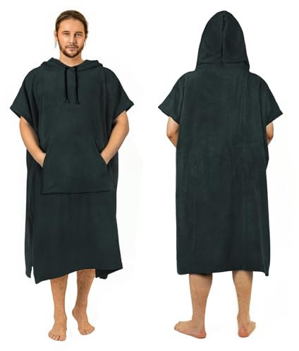 Zingtto Surf Poncho Wickelmantel, extra groß, dick, Handtuch-Poncho für Damen und Herren, mit Kapuzentasche für Strand, Schwimmen, 119,4 x 94 cm, Schwarz