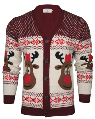 Xact Men's Rudolf Reindeer Button-Up Christmas Cardigan (Burgundy) S