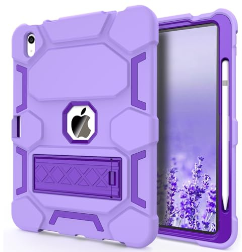 CCMAO Case for iPad (A16) 11th/10th Generation(2025/2022), iPad 10th Case with Kickstand & Pencil Holder, Heavy Duty Shockproof Hybrid Three Layer Protective Cover for Girls Women, Light+Dark Purple