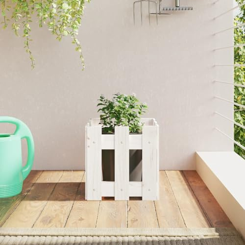 ShGaxin Blumenkasten mit Zaun-Design, weiß, 30 x 30 x 30 cm, Kiefer massiv, Blumenkasten auf Füßen, Pflanzkasten mit Gitter, Terrasse479