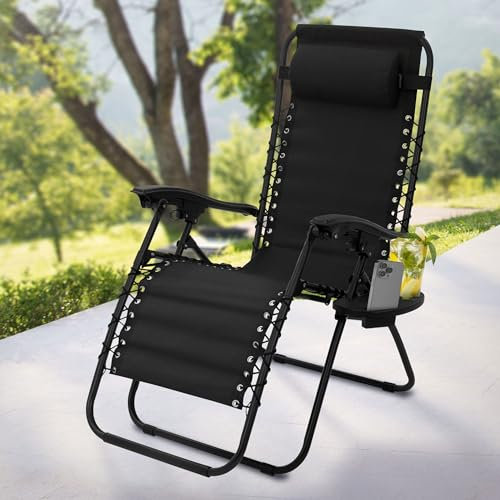 ML-Design Sonnenliege klappbar Schwarz, Liegestuhl mit verstellbarem Kopfpolster & Rückenlehne, Gartenliege wetterfest mit Schnürsystem, Zero Gravity Outdoor Relaxliege, Gartenstuhl mit Getränkehalter