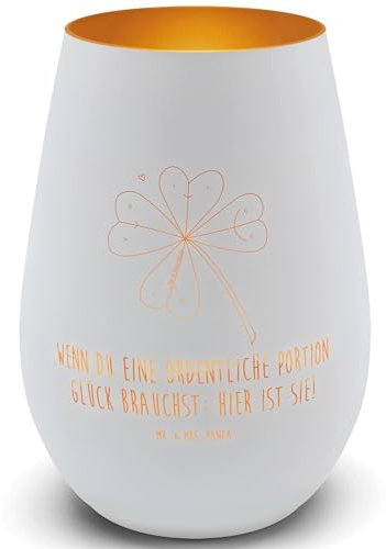 Mr. & Mrs. Panda Gold Windlicht Blume Kleeblatt - Geschenk, Neuanfang, Graviertes Windlicht, Frühlings Deko, Blumen, Teelicht, Windlicht aus Glas,