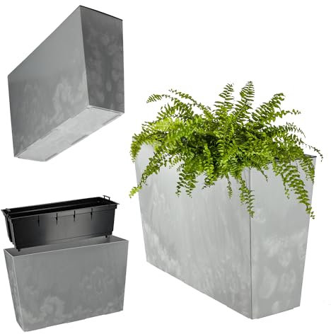 KADAX Fioriera in plastica, da 18,5 x 55,7 cm, in 5 colori, vaso da fiori con strisce di irrigazione, fioriera da balcone con inserto, per esterni, rettangolare, grigia, motivo effetto cemento