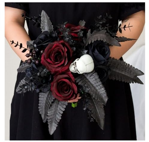 Gruselige Halloween-Seidenrose mit Totenkopf-Dekoration, Handstrauß, realistische künstliche rote Rose mit Totenkopf, Brautstrauß, Hochzeit, Familie, Geburtstag, Party-Set, Garten, schwarze