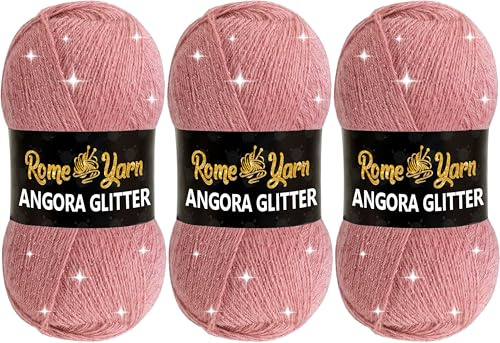 Rome Yarn Angora Glitter | 3 x 100g | Glitzerwolle | Wolle mit Glitzer | Metallic Simli Garn zum Stricken und Häkeln & Kleidung Effektwolle Strickwolle (778 Dunkelrosa)