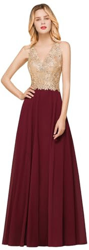 Misshow Robe de Soirée Demoiselle d'honneur Longue Maxi A-Ligne Evasée pour Miss Cocktail Mariage Bordeaux 40