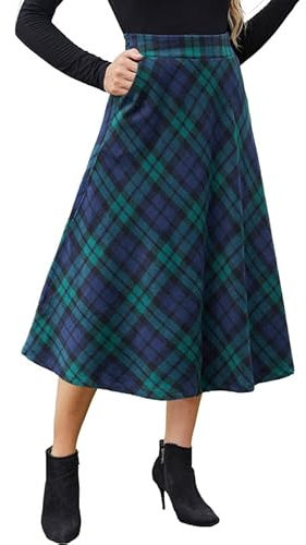 Alaster Queen Womens Long Plaid Skirt Ladies Midi High Elastic Waist Winter Pockets Skirts Green