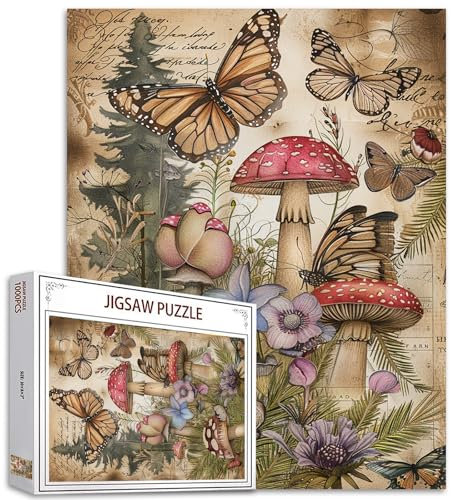 Tucocoo Pilz-Puzzles für Erwachsene, 1000 Teile, gruselige Folkart-Schmetterlinge, Blumen, Vintage-Kunst-Puzzle, bunte DIY-Puzzles für Heimdekoration, Geschenke, Familienpuzzle, perfekt für