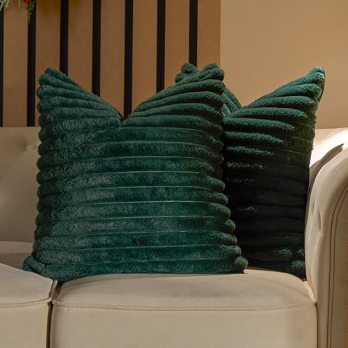 OHS Faux Fur Ribbed Green Cushions Covers, Super Soft Lounger Cushion Covers for Sofa Bedroom Living Room Comfy Decorative Throw Pillows for Cushion Inners, Pack of 2 - Green
