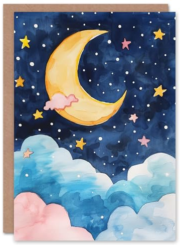 Artery8 Crescent Moon Stars Clouds Night Sky Watercolour Blank For Him Or Her Art Thank You Card