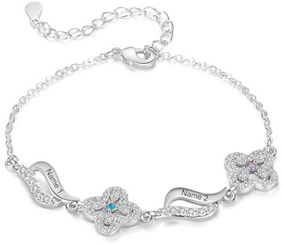 Armband Damen Schmuck Frauen Geschenk - Vierblättriges Kleeblatt Personalisierte Schmuck Armbänder Charms Bracelet Geburtsstein Weihnachten Geschenk für Sie Mama Freundin (2 Namen 2 Geburtssteine)