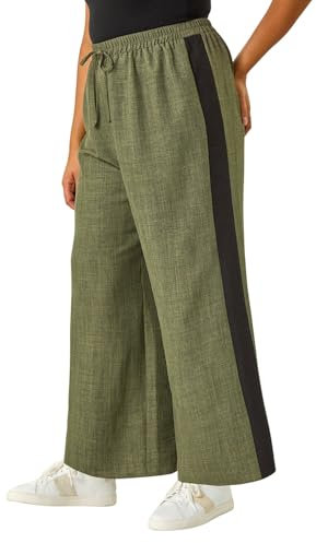Roman Curve Side Stripe Wide Leg Trouser for Women UK - Ladies Everyday Autumn Winter Comfy Soft Evening Vacation Work Party Night Out - Khaki Plus - Size 20