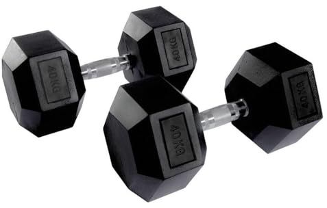 Equipped Gym | Hex Dumbbell Pairs | Rubber-Coated Cast Iron | 1kg - 50kg | Rubber-coated cast iron dumbbell pairs with knurled steel handles and an anti-roll hex shape.