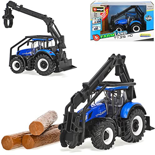 alles-meine.de GmbH New Holland T7 315 HD Traktor mit Frontlader und Holzscheite Landwirtschaft 1/32 Burago Modell Auto mit individiuellem Wunschkennzeichen