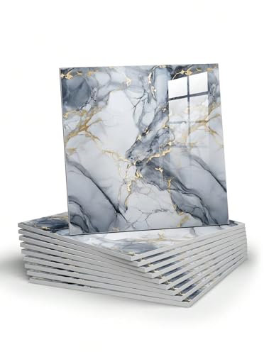 Chejiaye 10pcs Marble Peel and Stick Backsplash Waterproof Washroom Wall Panels, Peel and Stick Tile, PVC Foam Wall Panels for Kitchen,Bathroom,Living Room,Blue and Gold(Not Real Tile,11.8 x 11.8)