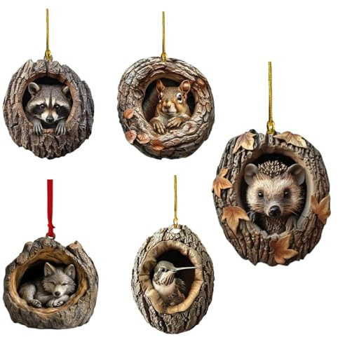 5 Stück Tier Weihnachtsbaum Ornamente Christbaumschmuck Tier Baumschmuck 2D Flach Acryl Ornament Auto Hängend Eichhörnchen Wolf Kolibri Igel Ornament