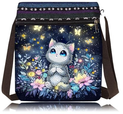 CXINLky 5D DIY Diamond Art Painting Crossbody Tasche, Diamont Art Messenger Tasche, Umhängetasche Münzgeldbörse Make-Up Schultertasche Reißverschluss Handtasche für Damen-13-Katze