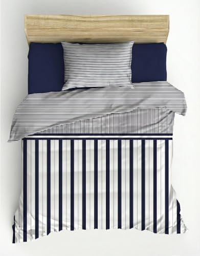 Nuit Des Rêves Ranforce Bettwäsche-Set (Einzelbett), Dunkelblau, 135 x 200 cm | 100% Baumwolle, Reaktivdruck, Maschinenwaschbar, Modernes Streifenmuster